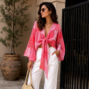 Blusa Cruzada de Algodón con Estampado Paisley Rosa para Mujer, Cuello en V, Manga Kimono, Corte Holgado, Estilo Bohemio, Primavera-Verano - Product Image 1