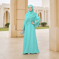 Polyester-Spitzenbesatz mit Hotfix-Strass Abaya Kaftan Bescheidenes Muslimisches Knöchellanges Kleid mit Blumenmuster und Passendem Hijab für Partys