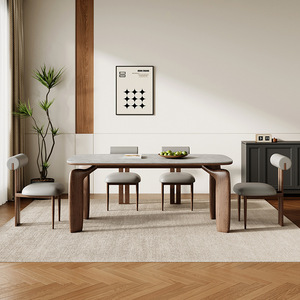 Scandinavian <b>Solid</b> <b>Wood</b> Rectangular Dining <b>Table</b> Walnut Color Matte Stone <b>Top</b> Modern Minimalist Dining Room Set 4 Piece - Product Image 1