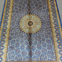 Tapis en soie bleu 4x6, design dôme médaillon persan Qum, fait main en Chine, noué à la main, pour chambre à coucher à Dubaï