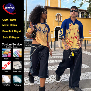QZFSO Wholesale Custom Retro Blokecore Streetwear Jersey Drop Shoulder Tee Heavyweight Loose Fit Unisex V-Neck Polo <b>Tops</b> - Product Image 1