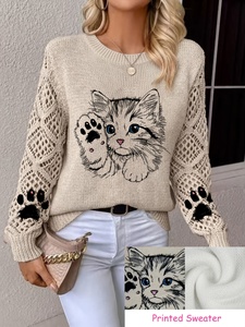 <strong>Women's</strong> Breathable Elegant Kitten Graphic Knit Sweater Crew Neck Pointelle Mesh 100% Polyester Digital Cat <strong>Jumper</strong> 300g - Product Image 1