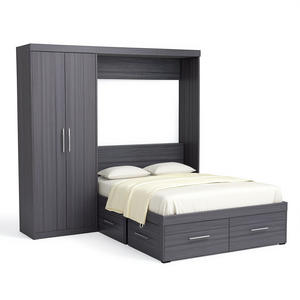 Letto a scomparsa matrimoniale con armadio e cassetti, mobile contenitore pieghevole per camera da letto, design moderno, legno grigio - Product Image 1