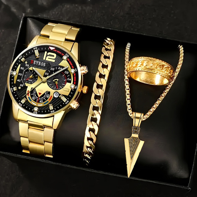 Luxury Fashion Watch for Men Steel Wristwatch Mens Analog Watch & Knurling Ring Necklace Quartz Watches Jewelry Gift 4pcs Sets