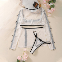 JENGS Set Lingerie Mewah Seksi Tiga Potong, Erotis Berongga, Putih Transparan, Jaring Tipis, Ukuran Besar, Wanita, Bordir Renda