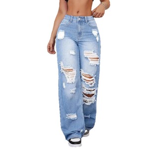 Vaqueros de mezclilla rasgados para mujer, estilo europeo-americano, de cintura alta, pierna recta, versátiles, de corte holgado, para primavera - Product Image 5