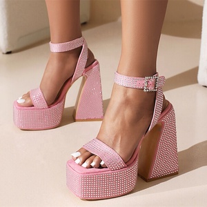 Sandales à talon épais et brillant avec strass, bout carré, plateforme et bride cheville, pour femme, taille 43 - Product Image 5