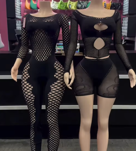 Peeqi baju monyet lengan panjang renda berlian imitasi tembus pandang berlubang jaring klub Jumpsuit satu potong Lingerie wanita seksi - Product Image 1