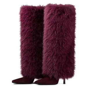 Bottes hautes en fourrure pelucheuse pour femmes, taille 45, à talons hauts, bout carré, fourrées, pour l'hiver, coupe large - Product Image 5