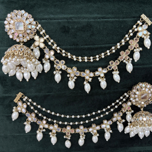 Luxury Handmade Women's Ear Wear Accessories -Silver Plated Multi Color <b>Jhumka</b> Pair With Hair Chain Stranded <b>Earings</b> OEM - Product Image 1