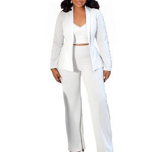 Conjunto de 3 Piezas de Traje Elegante para Mujer con Solapa de Perlas, Chaleco Corto Halter y Pantalones, a la Moda - Product Image 3