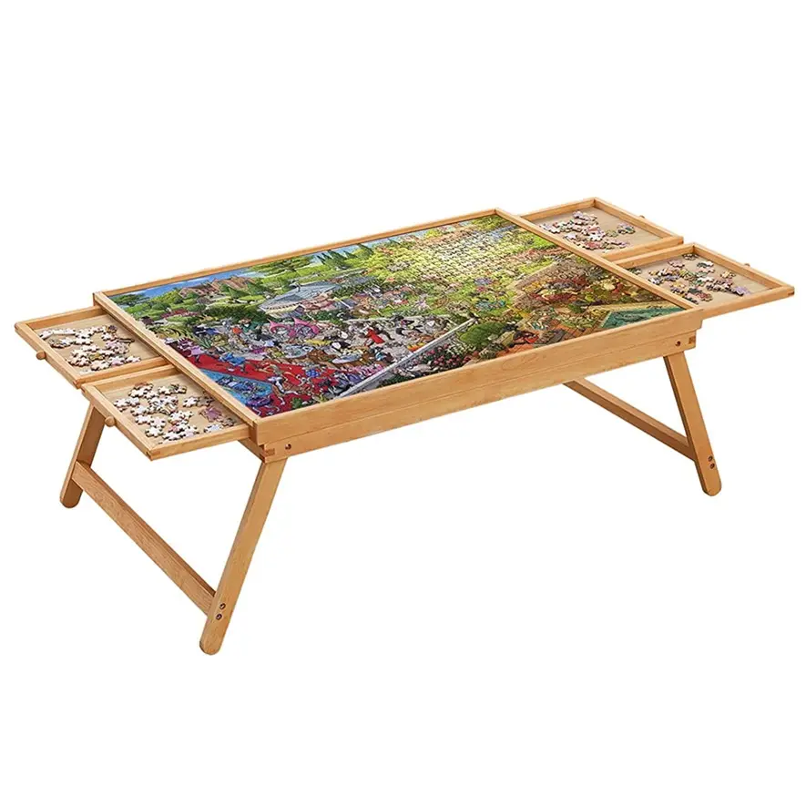 Houten Puzzel Dienblad Tafel Brain Games 1500 Stuks Opvouwbare Houten Puzzel Planken Tafelrek Met 4 Laden En Opvouwbare Poten