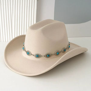 Sombrero de Vaquero de Fieltro de Moda Chic con Cinturón de Piedras Turquesas, Sombreros de Vaquero del Oeste para Mujer - Product Image 1