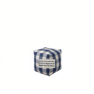 Pouf Quadrato a Quadretti Connor in Avorio e Blu Navy, Sgabello Ottoman per Arredamento Soggiorno - Product Image 1