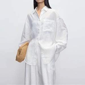 Camicetta da <span class=keywords><strong>donna</strong></span> estiva casual <span class=keywords><strong>bianca</strong></span> in <span class=keywords><strong>lino</strong></span> 100% importato, vestibilità morbida e sofisticata, a maniche lunghe elasticizzata, nuova - Product Image 1