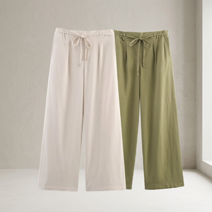 Pantalon large taille haute pour femme en mélange lin-coton respirant, plissé, avec cordon de serrage, longueur cheville, décontracté, couleur unie, pour l'été - Product Image 3
