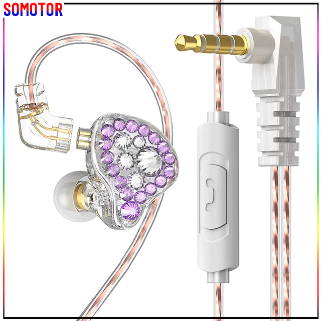 Online Streamer Headphones Ladies Diamond-embellished In-ear Monitors Silicone Earphones 1.2 Meter Cable with Microphone