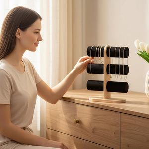 Nouveau Présentoir à 3 Niveaux en Bambou et Velours Noir/Cuir Anti-Poussière pour Bracelets, Montres, Épingles à Cheveux, Cordons et Bijoux - Product Image 2