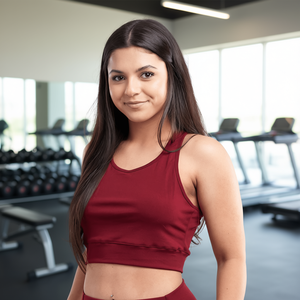 Débardeur court d'entraînement pour femme, bordeaux, taille S-M, léger, sportif, dos nageur, tricoté, en Spandex et Polyester - Product Image 2