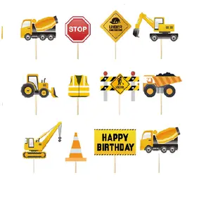 Construction vehicle excavator Cake Toppers for Boy`s Happy Birthday Party Cupcake Topper Fireman Plane Train Toppers