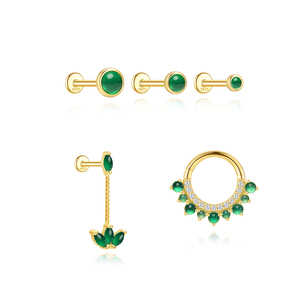 Piercing à dos plat en argent S925 doré style INS pour femme avec chalcédoine verte naturelle en forme de goutte d'eau - Product Image 2