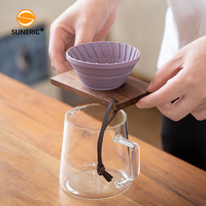 접을 수있는 실리콘 V 모양의 접이식 커피 브루어 드리퍼 콘 우드 홀더 휴대용 커피 필터 위에 부어 - Product Image 2