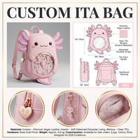 Mochila Estética Personalizada de Axolotl Rosa con Ventana Transparente de TPU, Herrajes en Oro Rosa y Tirador de Cremallera de Corazón, de Cuero Vegano Premium