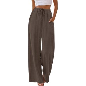 Pantalon palazzo fluide à jambes larges pour femme, taille haute, cordon de serrage, taille élastique, avec poches, vêtements d'été pour les vacances à la plage - Product Image 2