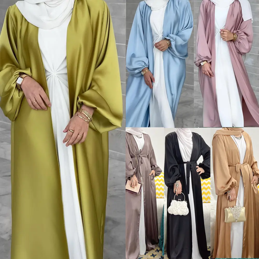 Eid Satin Abaya Dress for Women Summer Puff Sleeve Muslim Kimono Inner Long Dress Islamic Dubai Turkey Modest Outfits Saudi Robe