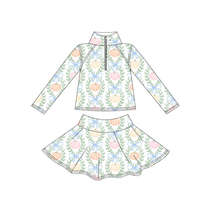 Ensemble de yoga d'automne personnalisé pour bébés filles, avec haut à manches longues zippé et jupe-short, motif nœuds citrouille, vente en gros, vêtements pour sœurs, boutique enfant, vêtements de sport - Product Image 5