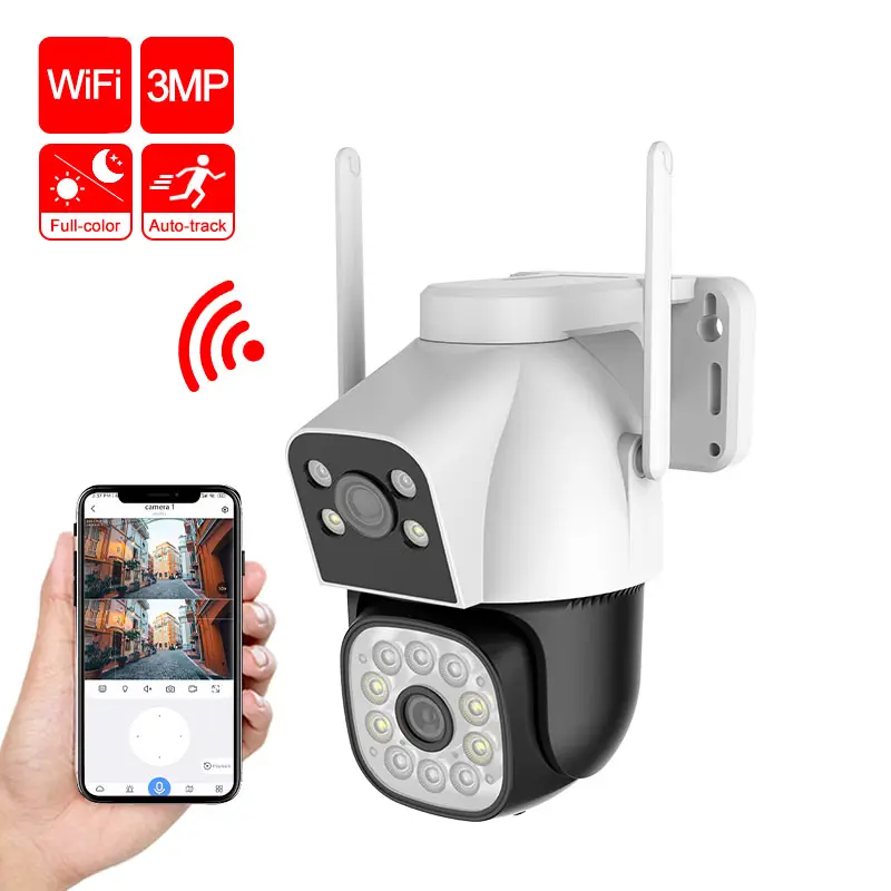 Fosvision Originele Fabrikant Kleur Nachtzicht Tweeweg Audio Bewegingsdetectie 3mp Cctv Dual Lens Wifi Camera