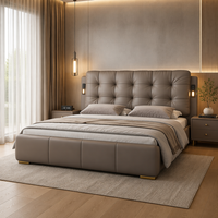 Lit de luxe en cuir Nappa véritable avec chargeur USB, éclairage LED, cadre de lit plateforme moderne rembourré avec tiroirs de rangement
