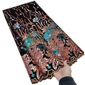 Beautife Nigerian Velvet Fabric for women cloth Fashion embroidered sequins 5yards nigerian sequin fabric ML67V07