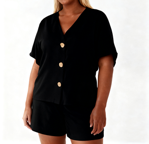 Haut <span class=keywords><strong>blazer</strong></span> à manches courtes et col en V noir pour femmes élégantes avec boutons dorés haut élégant décontracté pour femmes - Product Image 2