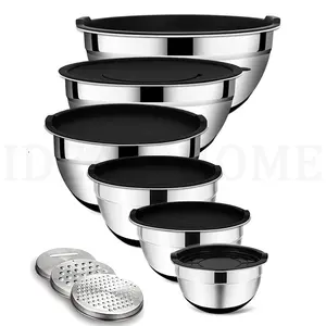 Tamanho 4.6, 3, 1.5, 1, 0.7 QT Silicone Bottom Mix Nested Bowl Aço Inoxidável Salada Tigelas de mistura com tampas pretas Set