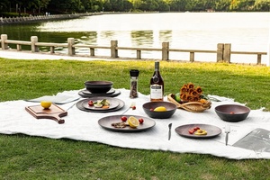 高級感のある竹調メラミン食器セット エレガントなブラウン 12点セット 使い捨て食器 食洗機対応 - Product Image 6