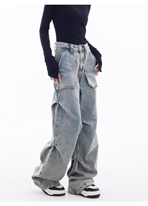 Pantaloni <span class=keywords><strong>Cargo</strong></span> in Denim Streetwear all'Ingrosso da <span class=keywords><strong>Donna</strong></span>, Pantaloni <span class=keywords><strong>Cargo</strong></span> a Gamba Larga con Patchwork, Jeans <span class=keywords><strong>Cargo</strong></span> <span class=keywords><strong>Larghi</strong></span> Unisex Stonewashed a Gamba Dritta - Product Image 2