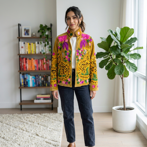 <b>Women</b>’s Embroidered <b>Velvet</b> <b>Jacket</b> with Tiger and Floral Applique, Stand Collar Long Sleeve Fashion <b>Jacket</b> - Product Image 1