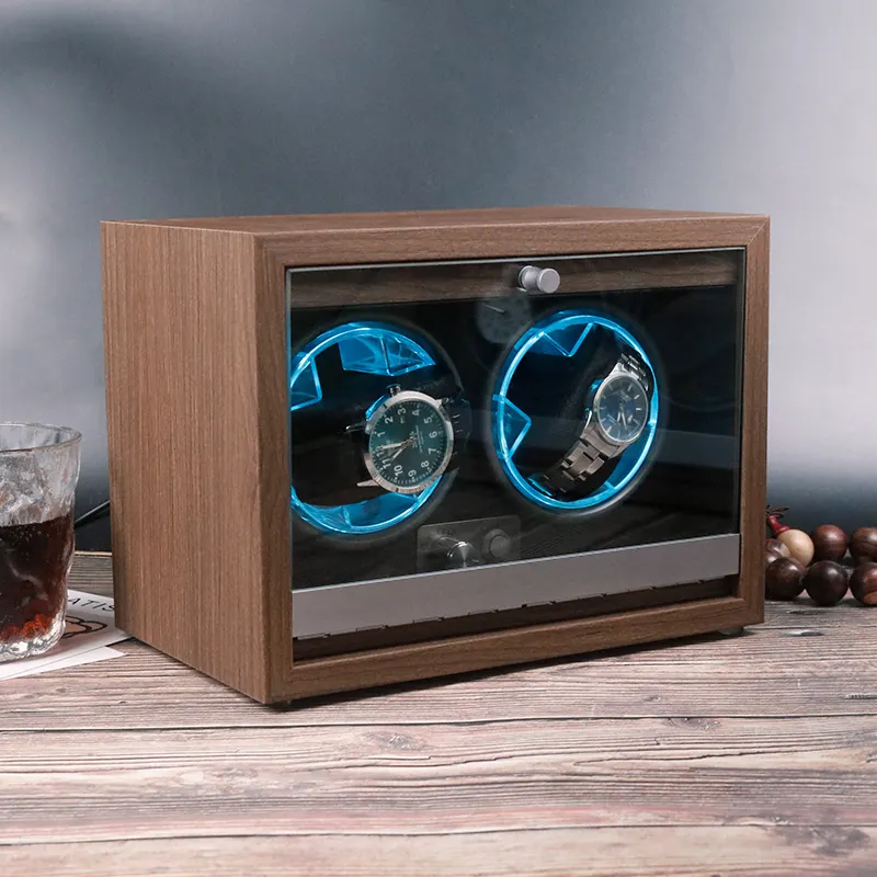 卸売ウォールナットラグジュアリーブラックウッド自動時計ワインダー2時計ボックスと安全なキャビネット回転時計収納ケース