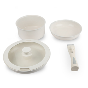 Ustensiles de cuisine élégants en aluminium avec revêtement en céramique crème - Sans PFAS/PFOA, casseroles et poêles antiadhésives avec poignées amovibles - Product Image 6