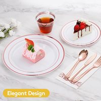 Service de table jetable Goodluck 700 pièces avec bordure or rose pour 100 invités, comprenant assiettes, assiettes à dessert, gobelets et couverts en plastique