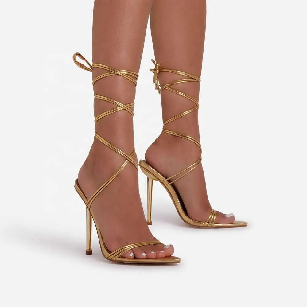 2023 Custom Factory New High Heel Sandals Pointed Toe Electro Heel plating Stiletto Heel Women's Shoes Cross Strap Sandals