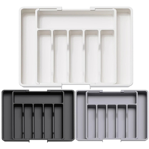 Organisateur de couverts réglable avec séparateurs, porte-ustensiles, plateau de rangement en plastique pour cuillères, fourchettes, couteaux - Product Image 1