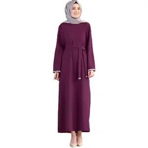 Elegant traditional muslim clothing Dubai Turkey solid wearing belt long sleeve abaya women muslim dress