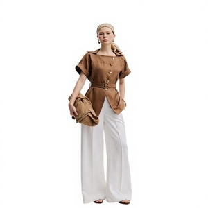 Chemisier en lin pour femme à col carré et manches courtes avec fermeture boutonnée, coupe ample, respirant, tissé, pour le printemps et l'été, tenue décontractée - Product Image 2