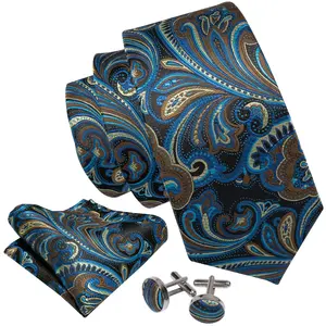 Cravate en soie Paisley bleu et marron pour hommes, nouvelle collection, vente en gros,