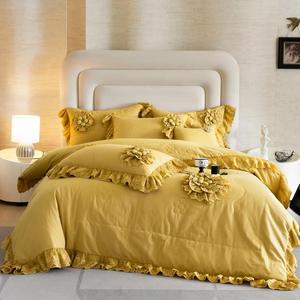 Phong Cách Mục Vụ Rắn Màu Sắc Nhà Dệt Rửa Sạch Bông Màu Vàng Khăn Trải Giường Chăn Chăn Comforter Bìa Bộ Đồ Giường Đặt Bán Buôn - Product Image 1