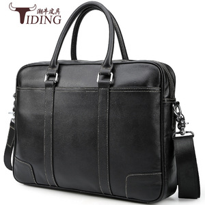 Tiding Men's Genuine Leather <b>Briefcase</b> 14 Inch Business Laptop Bag Crossbody Shoulder Bag Black Durable - Product Image 2