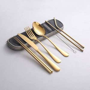 Utensils Travel Camping Cutlery Straws Portable Case Stainless Steel Flatware Set - Product Image 1