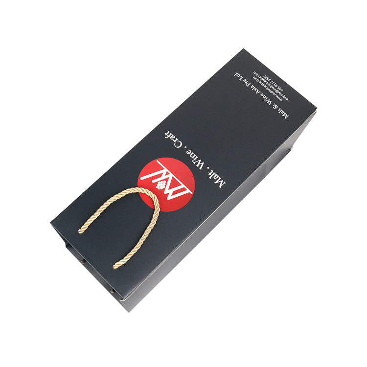 Custom Single Bottle Packaging Black Paper Wine Gift Bag With Logo Printed